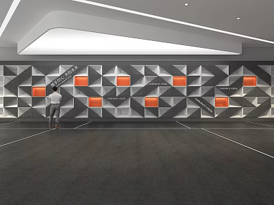 Modern Elevator Lobby Design With Geometric Wall And Orange Accent Panels 3d model