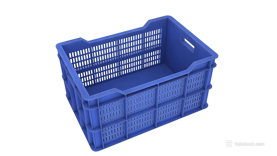 Blue Plastic Rectangular Storage Crate With Ventilated Sides And Handles 3d model 