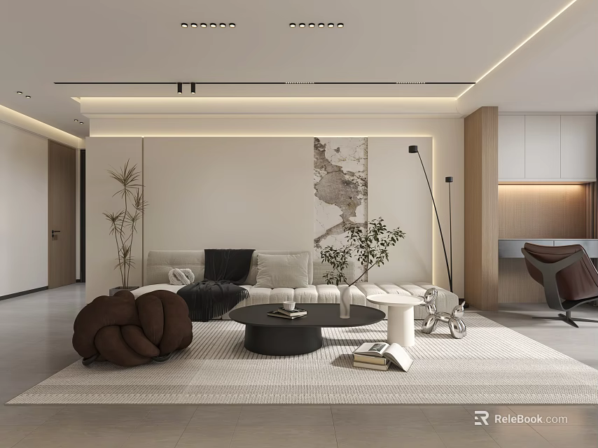 Modern Living Room Interior Design With Comfortable Sofa Decorative Painting And Green Plant 3d model 