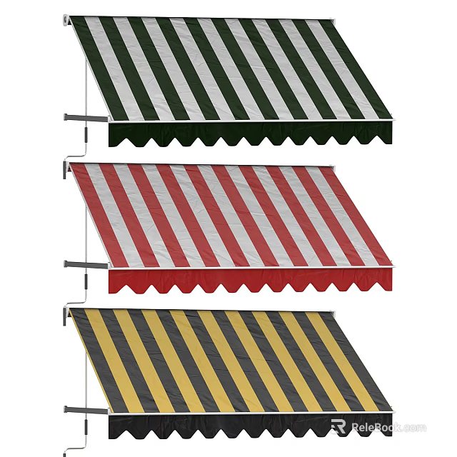 Colorful Striped Awnings with Green White Red Yellow Black Patterns and Scalloped Edges 3d model 