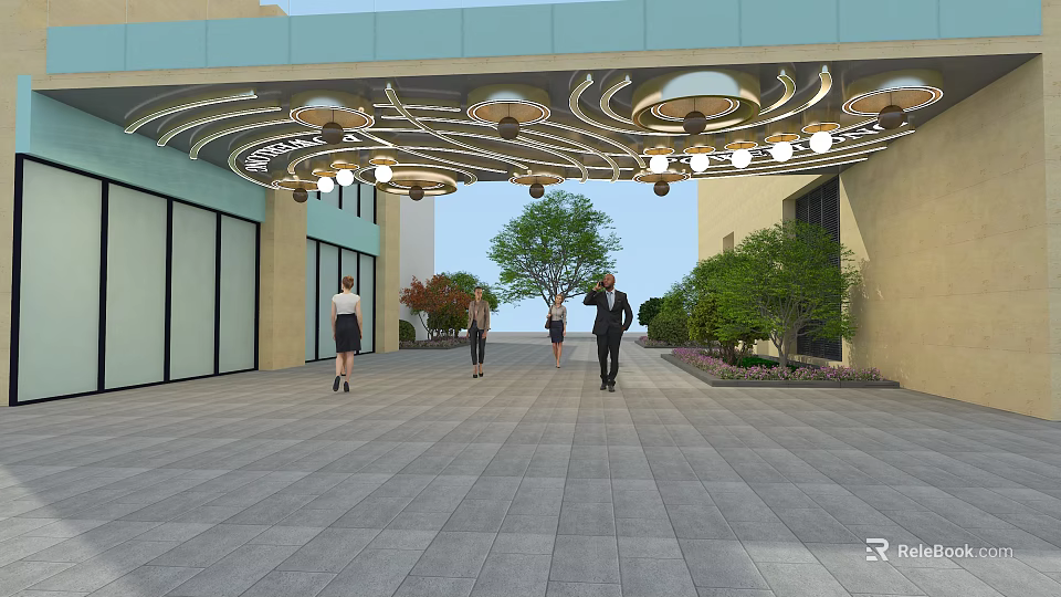 Ornate Outdoor Ceiling Design With Curved Structure Circular Lights and Decorative Elements 3d model 