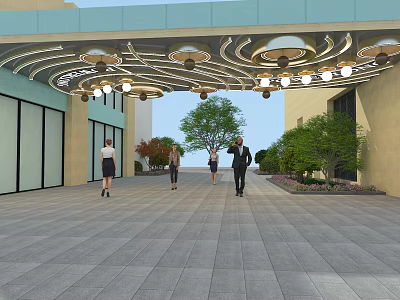 Ornate Outdoor Ceiling Design With Curved Structure Circular Lights and Decorative Elements 3d model