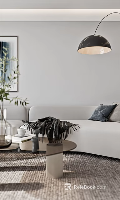 Modern Minimalist Living Dining Room Interior With Gray Sofa Dark Pillows And Green Plant 3d model 