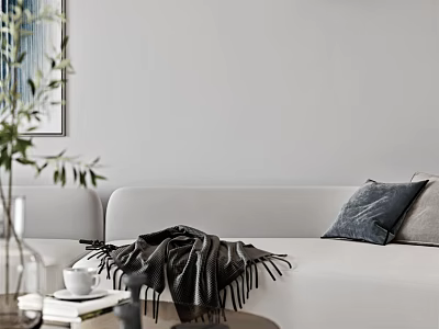 Modern Minimalist Living Dining Room Interior With Gray Sofa Dark Pillows And Green Plant 3d model