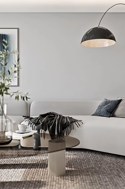 Modern Minimalist Living Dining Room Interior With Gray Sofa Dark Pillows And Green Plant 3d model