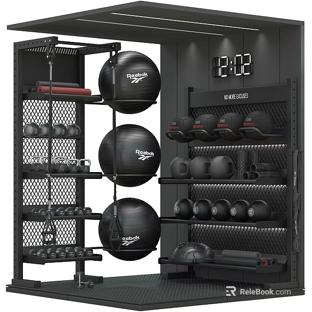 Multi Layer Metal Sports Equipment Rack With Exercise Balls Dumbbells And Boxing Gloves 3d model 