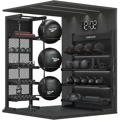 Multi Layer Metal Sports Equipment Rack With Exercise Balls Dumbbells And Boxing Gloves 3d model