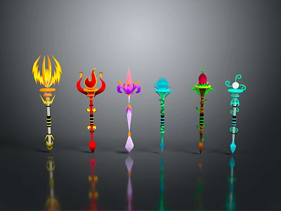 Colorful Magical Staffs with Unique Designs and Vibrant Decorative Elements 3d model