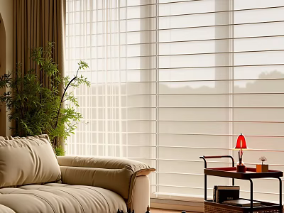 Modern Living Room Interior With Window Blinds Beige Sofa Green Plant And Red Lamp 3d model