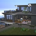 Modern Detached Villa Exterior Featuring Multiple Terraces Large Windows Greenery Lawn And Outdoor Seating