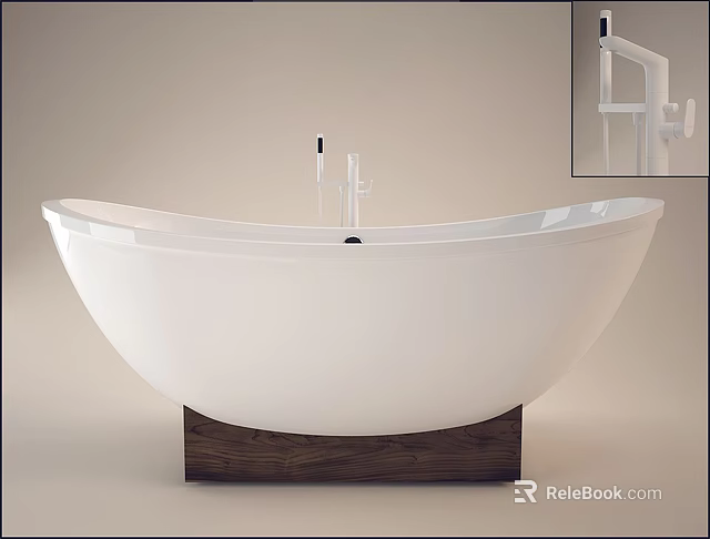 Elegant White Oval Bathtub with Wooden Base and Modern Freestanding Faucet 3d model 