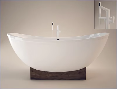 Elegant White Oval Bathtub with Wooden Base and Modern Freestanding Faucet 3d model