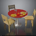 Round Red Dining Table With Three Wooden Chairs And Fast Food On Top