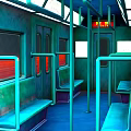 Subway Car Interior with Blue Green Tones Seats Handrails Windows and Doors