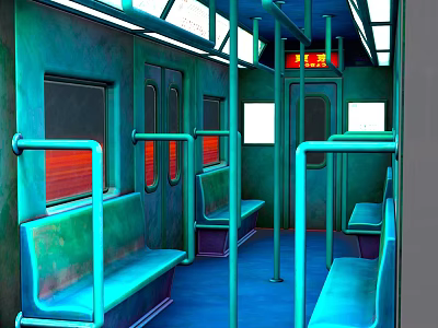 Subway Car Interior with Blue Green Tones Seats Handrails Windows and Doors 3d model