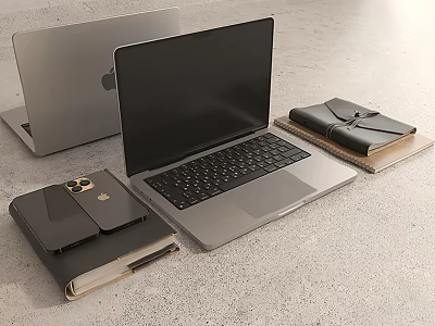 Modern Silver Laptops with Black Screens and Leather Notebooks on Concrete Desk 3d model