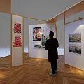Exhibition Booth With Wooden Frame Display Panels Artworks And Visitors