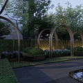 Garden Ornamental Features With Wooden Arches Trimmed Shrubs Stone Path And Ambient Lighting