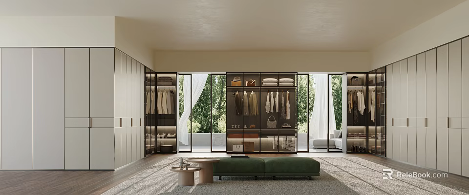 Modern Walk-in Closet Interior Design With Glass Cabinets Hanging Clothes Green Bench And Natural View 3d model 