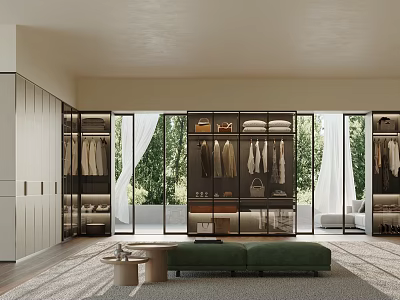 Modern Walk-in Closet Interior Design With Glass Cabinets Hanging Clothes Green Bench And Natural View 3d model