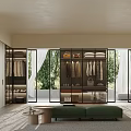 Modern Walk-in Closet Interior Design With Glass Cabinets Hanging Clothes Green Bench And Natural View