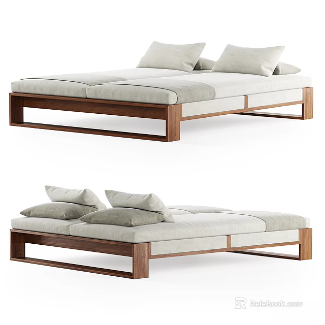 Modern Platform Bed With Wooden Frame Light Colored Mattress And Pillows 3d model