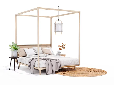 Wooden Canopy Double Bed With Side Table Green Plant Pillows Hanging Lamp And Woven Rug 3d model