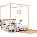 Wooden Canopy Double Bed With Side Table Green Plant Pillows Hanging Lamp And Woven Rug