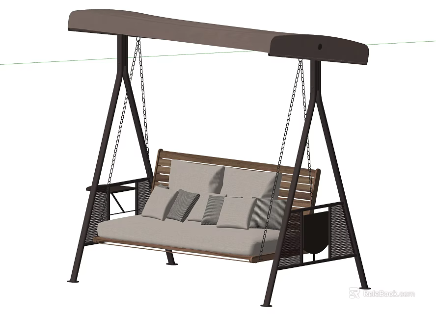 Outdoor Garden Swing Chair With Brown Canopy Metal Frame Wooden Backrest And Gray Cushions 3d model 