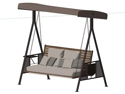 Outdoor Garden Swing Chair With Brown Canopy Metal Frame Wooden Backrest And Gray Cushions 3d model