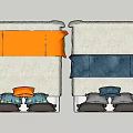 Modern Double Beds With Orange And Blue Bedding And Black Pillows