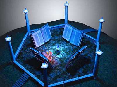 Cartoon Scene With Hexagonal Structure Blue Pillars Open Books Glowing Center Grass And Steps 3d model