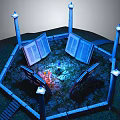 Cartoon Scene With Hexagonal Structure Blue Pillars Open Books Glowing Center Grass And Steps
