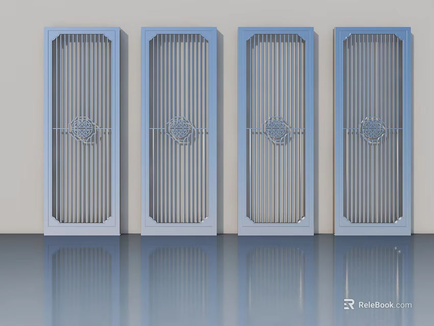 Light Blue Panel Doors With Vertical Stripes And Circular Decorative Patterns On Sleek Floor 3d model
