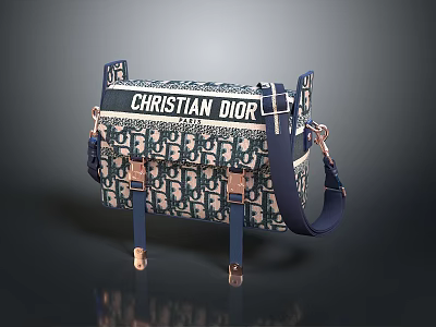 Christian Dior Stylish Handbag With Blue And White Pattern Metallic Buckles And Shoulder Strap 3d model