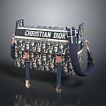 Christian Dior Stylish Handbag With Blue And White Pattern Metallic Buckles And Shoulder Strap
