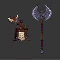 Fantasy Battle Hammer With Fur Accents And War Axe With Purple Engravings