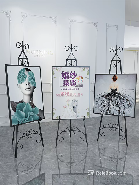 Black Iron Art Display Racks Showing Wedding Photography Posters In Exhibition Space 3d model 