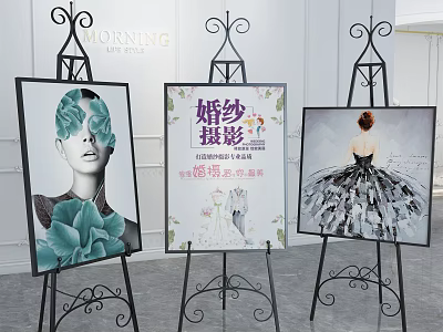 Black Iron Art Display Racks Showing Wedding Photography Posters In Exhibition Space 3d model