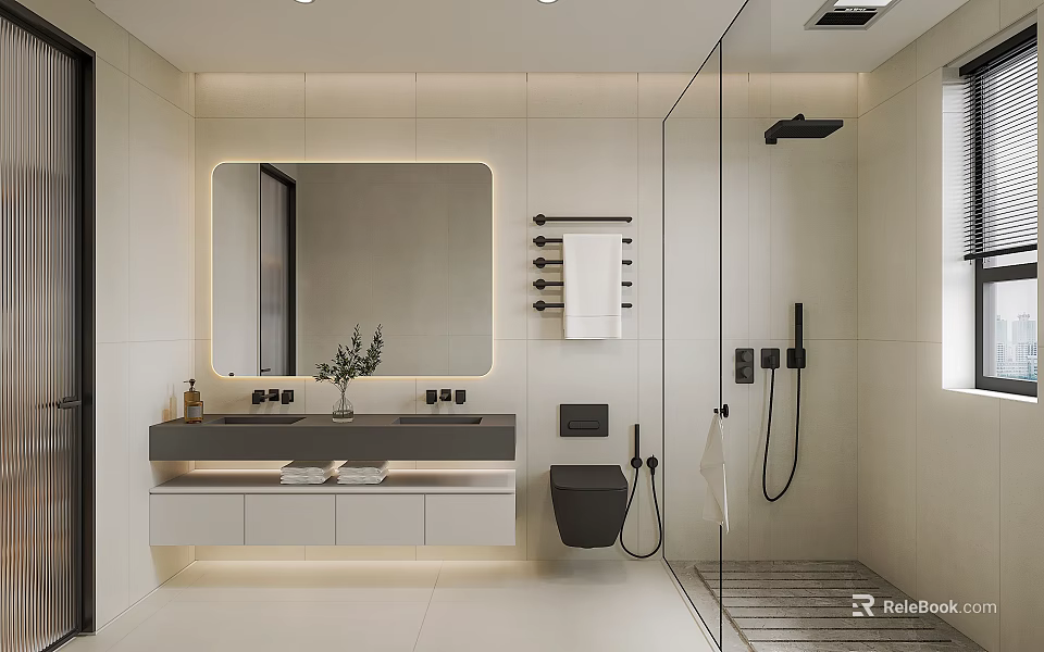 Modern Bathroom Interior With Large Mirror Vanity Toilet And Glass Shower Enclosure 3d model 