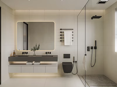 Modern Bathroom Interior With Large Mirror Vanity Toilet And Glass Shower Enclosure 3d model