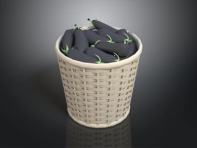 White Wicker Basket Filled With Fresh Purple Eggplants On Dark Background 3d model