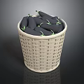 White Wicker Basket Filled With Fresh Purple Eggplants On Dark Background