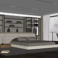 Modern Bedroom Interior With Large Bed Open Wardrobe Accent Chair And Floor to Ceiling Window