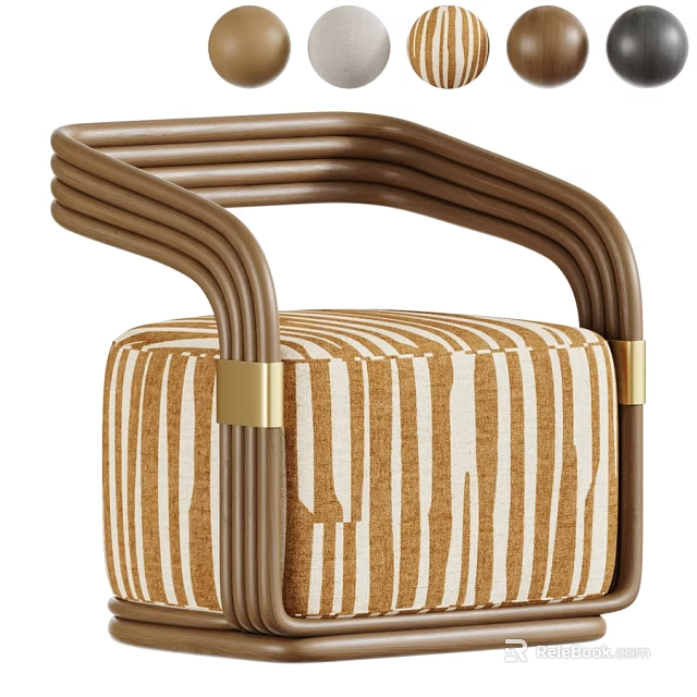 Modern Striped Fabric Upholstered Leisure Chair With Brown Curved Tube Frame And Elegant Gold Accents 3d model 