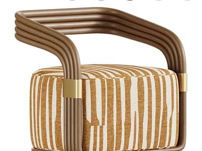 Modern Striped Fabric Upholstered Leisure Chair With Brown Curved Tube Frame And Elegant Gold Accents 3d model