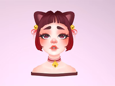 Cartoon Girl Character With Cat Ears Brown Short Hair And Yellow Accessories On Pink Background 3d model