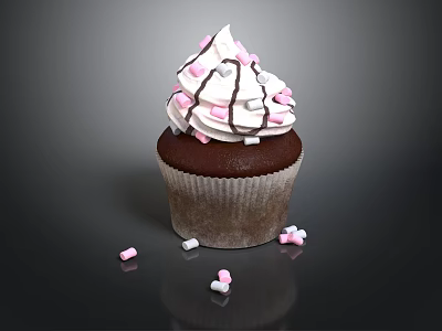 Chocolate Cupcake With White Frosting And Pink White Sprinkles On Black Background 3d model