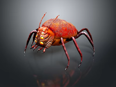 Red Beetle With Glowing Eyes Multiple Legs And Textured Surface On Dark Background With Reflection 3d model