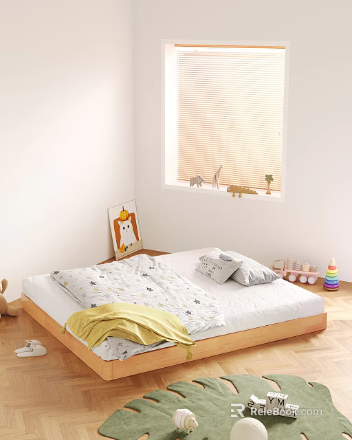Kids Bed With Wooden Frame Star Pattern Bedding Gray Pillows Yellow Blanket And Animal Stickers 3d model 